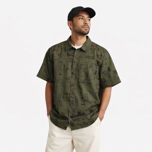 Graphic Print Short Sleeve Button Up Shirt Army Green